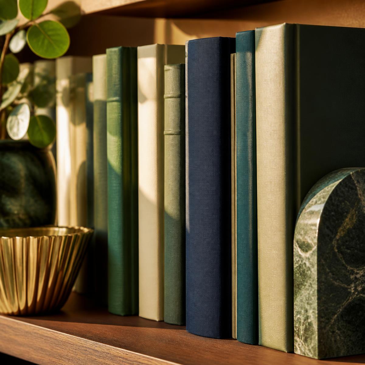 Curated shelf of green, navy and cream hardcover books