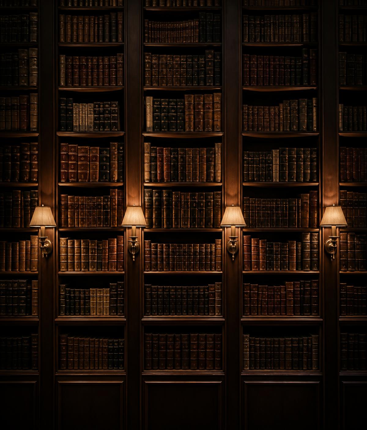 Antique library stacks lit by brass sconces